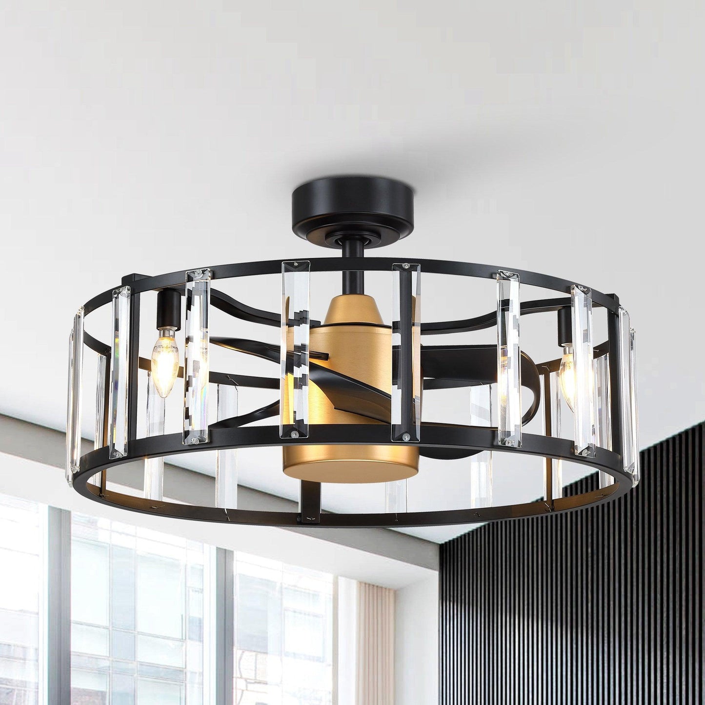 27" Modern DC Motor Downrod Mount Reversible Crystal Ceiling Fan with Lighting and Remote Control