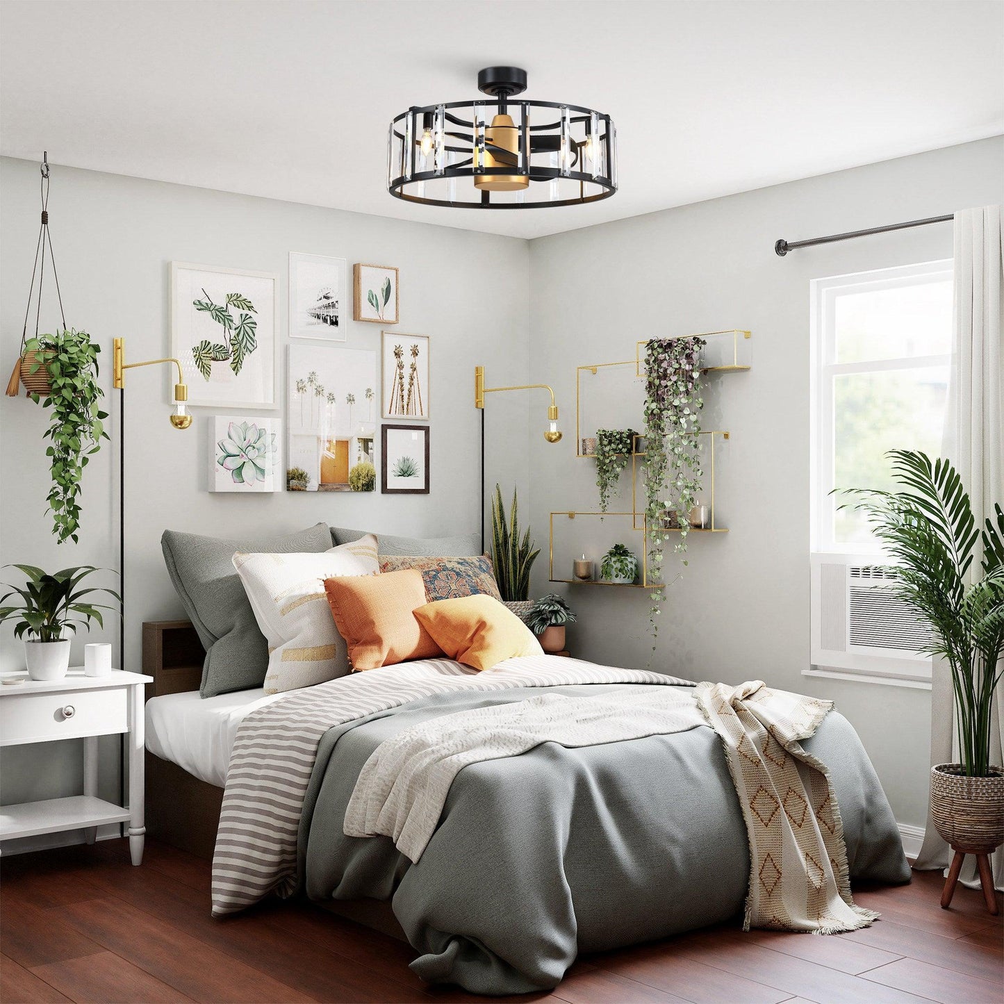 27" Modern DC Motor Downrod Mount Reversible Crystal Ceiling Fan with Lighting and Remote Control