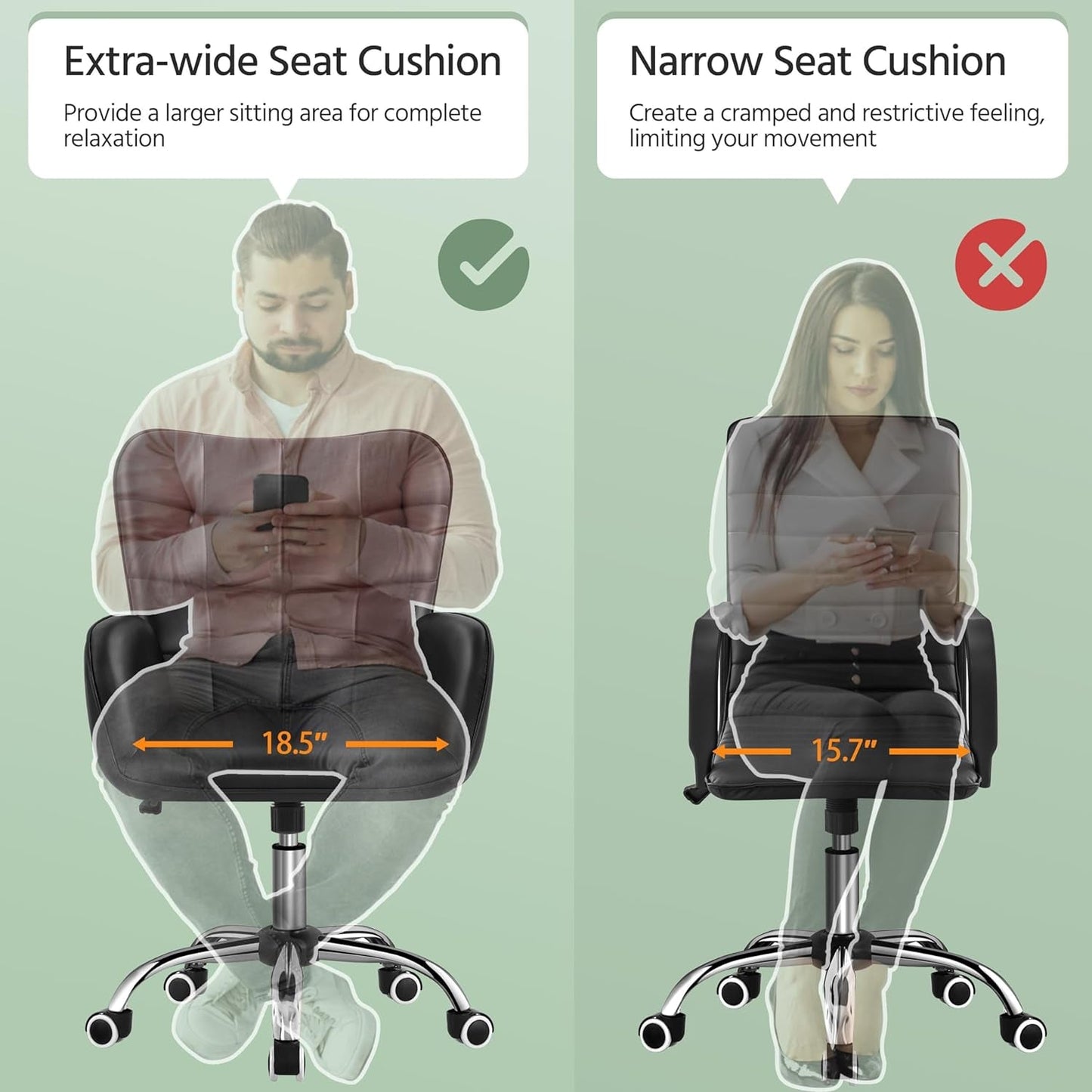 Ergonomic Office Chair 18.7 Inch Wide Seat Black Comfort