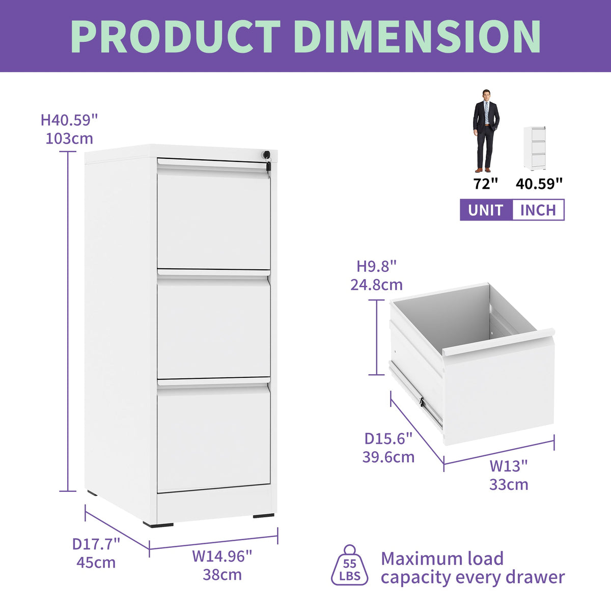 3 Drawer Metal Vertical File Cabinet with Lock