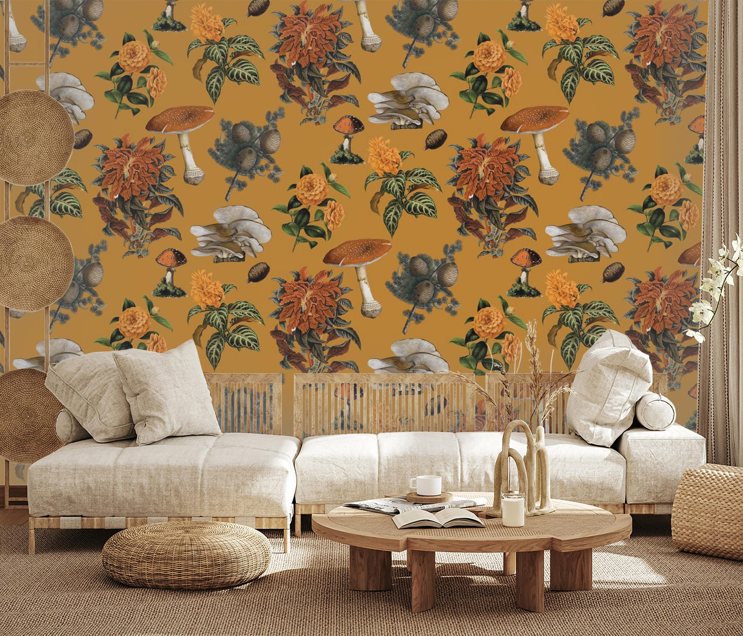 Mushrooms Wallpaper, gold & marigold