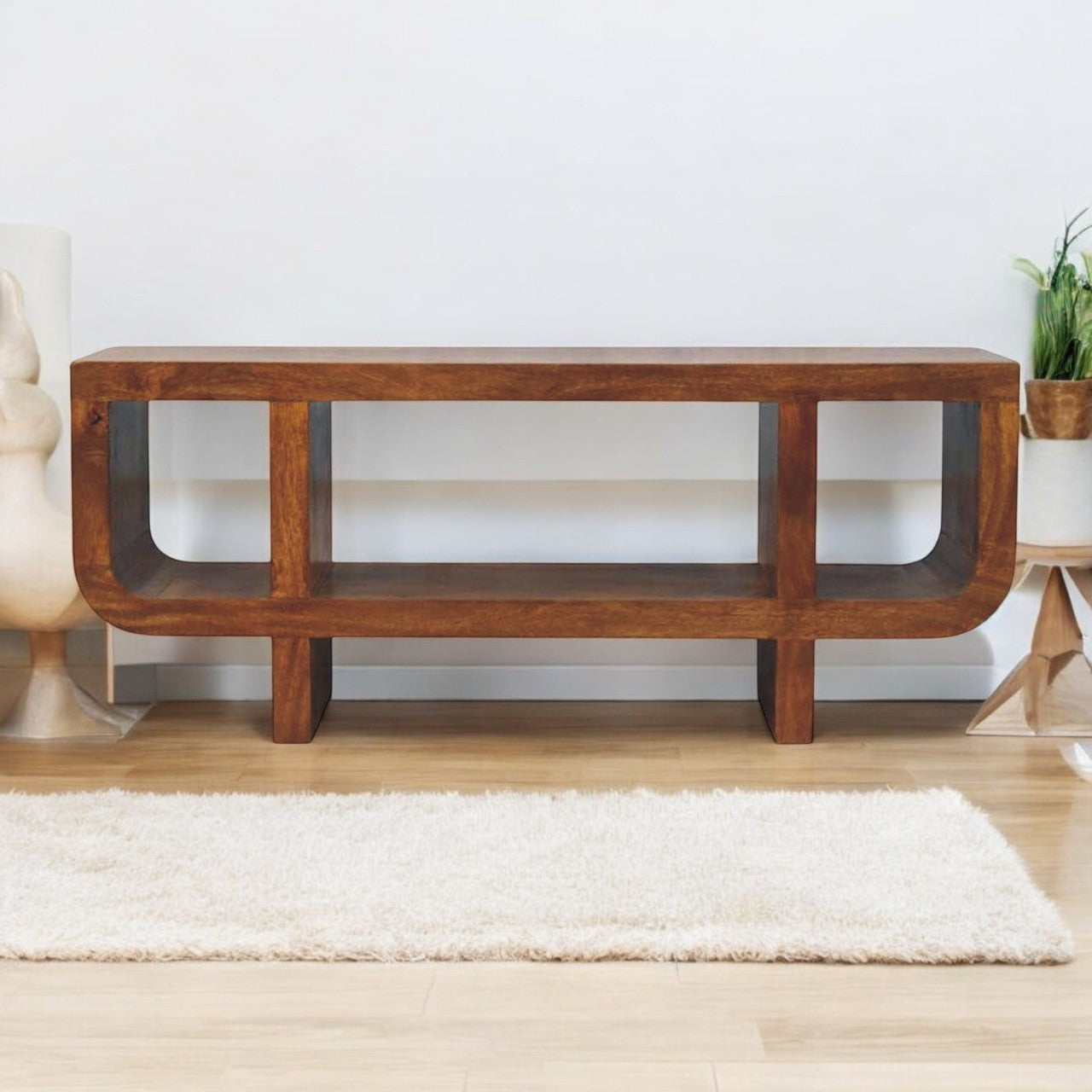 Solid Wood Orion Curved Media Unit, 3 Open Slots, Chestnut