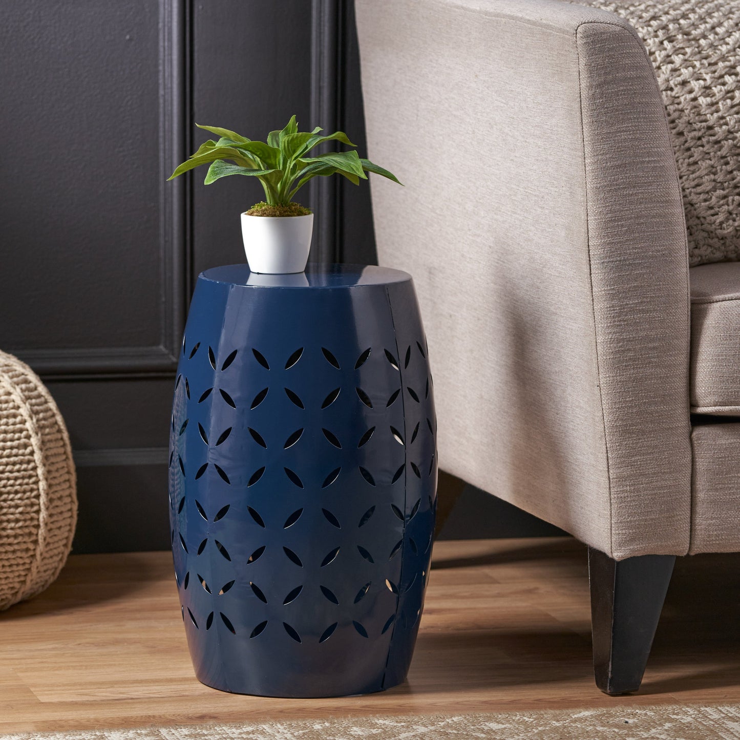 12' Outdoor Lace-Cut Side Table, Navy Blue