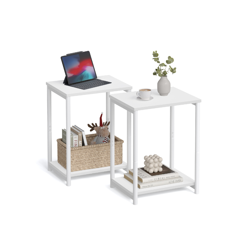End Tables Set of 2, Side Tables with Storage Shelf, Slim Night Tables, Steel Frame, for Living Room, Study, Bedroom, Industrial, White