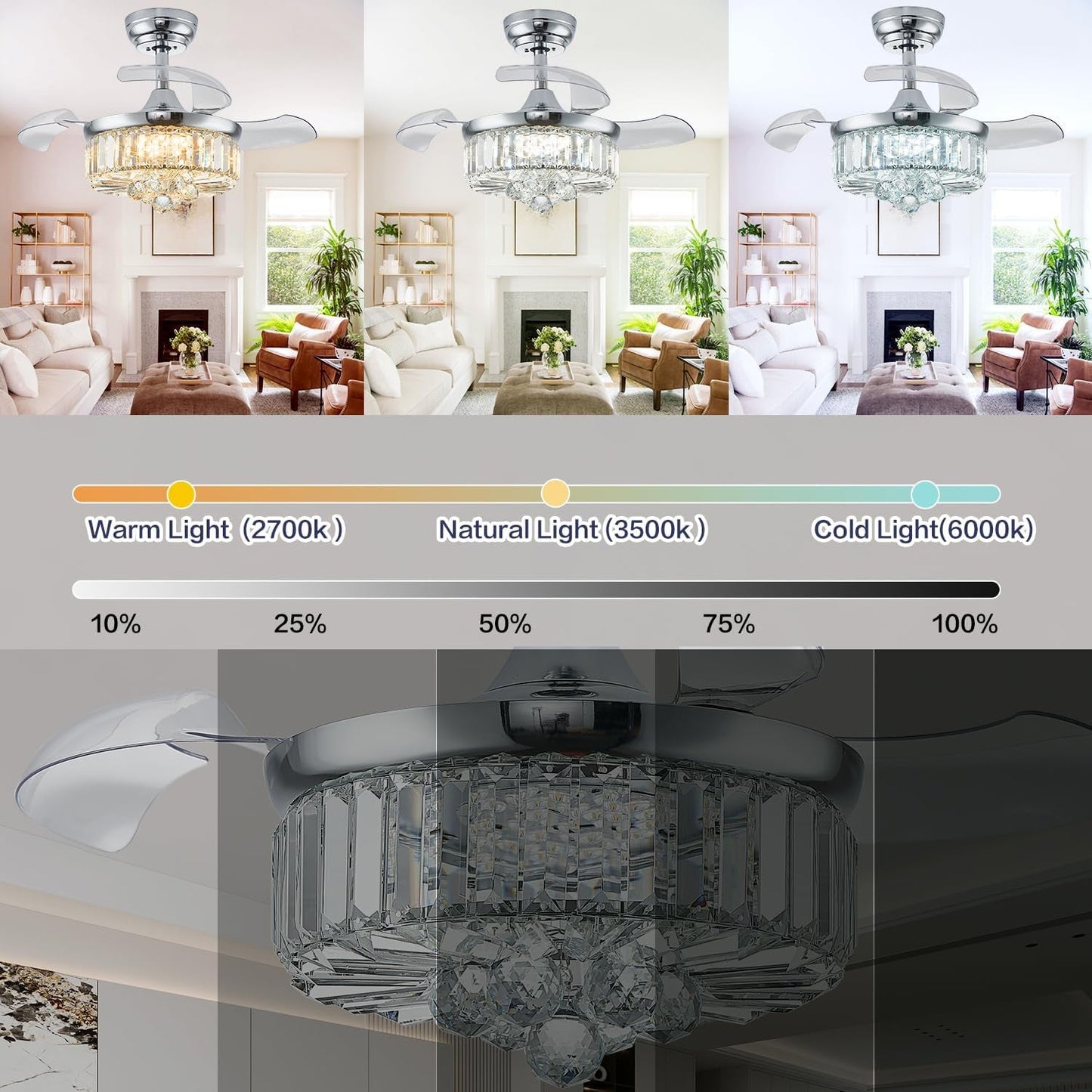 30 Inch Crystal Chandelier Ceiling Fan With Retractable Blades