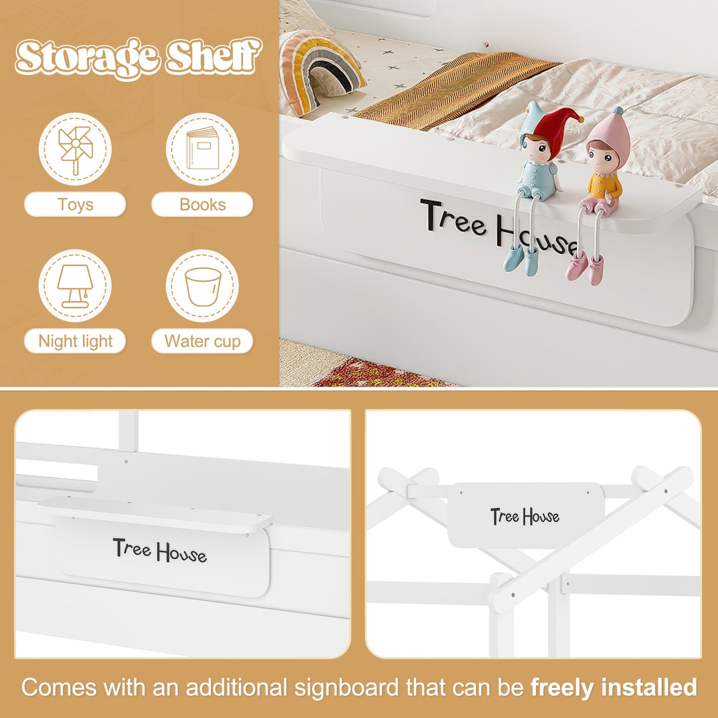 Full Size Floor Bed with Guardrails and Roof, Kids House Floor Bed with a Small Built-in Tray and Free-installed Signboard, Childlike Design, White