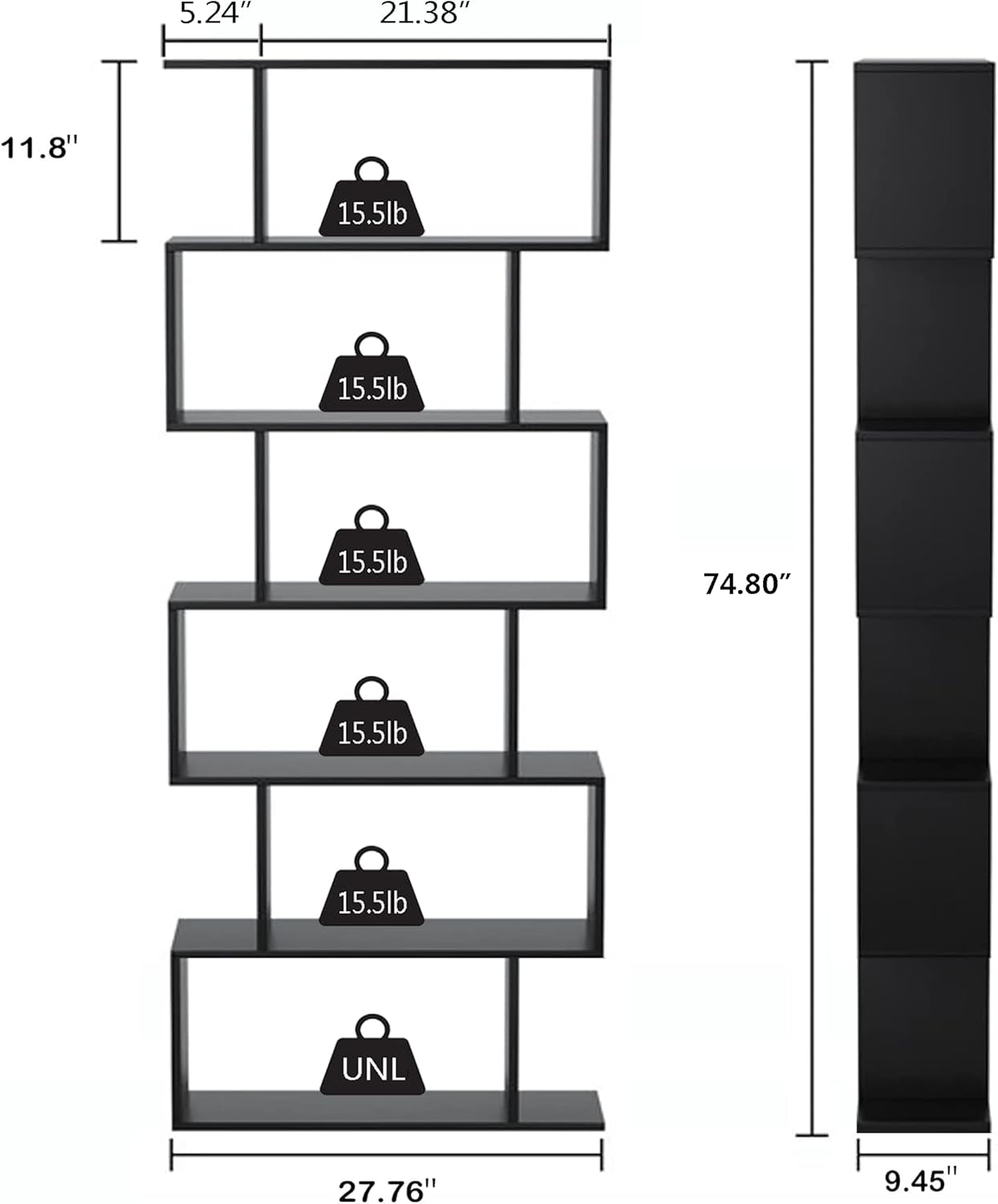 6 Tier S Shaped Bookshelf Freestanding Modern Display
