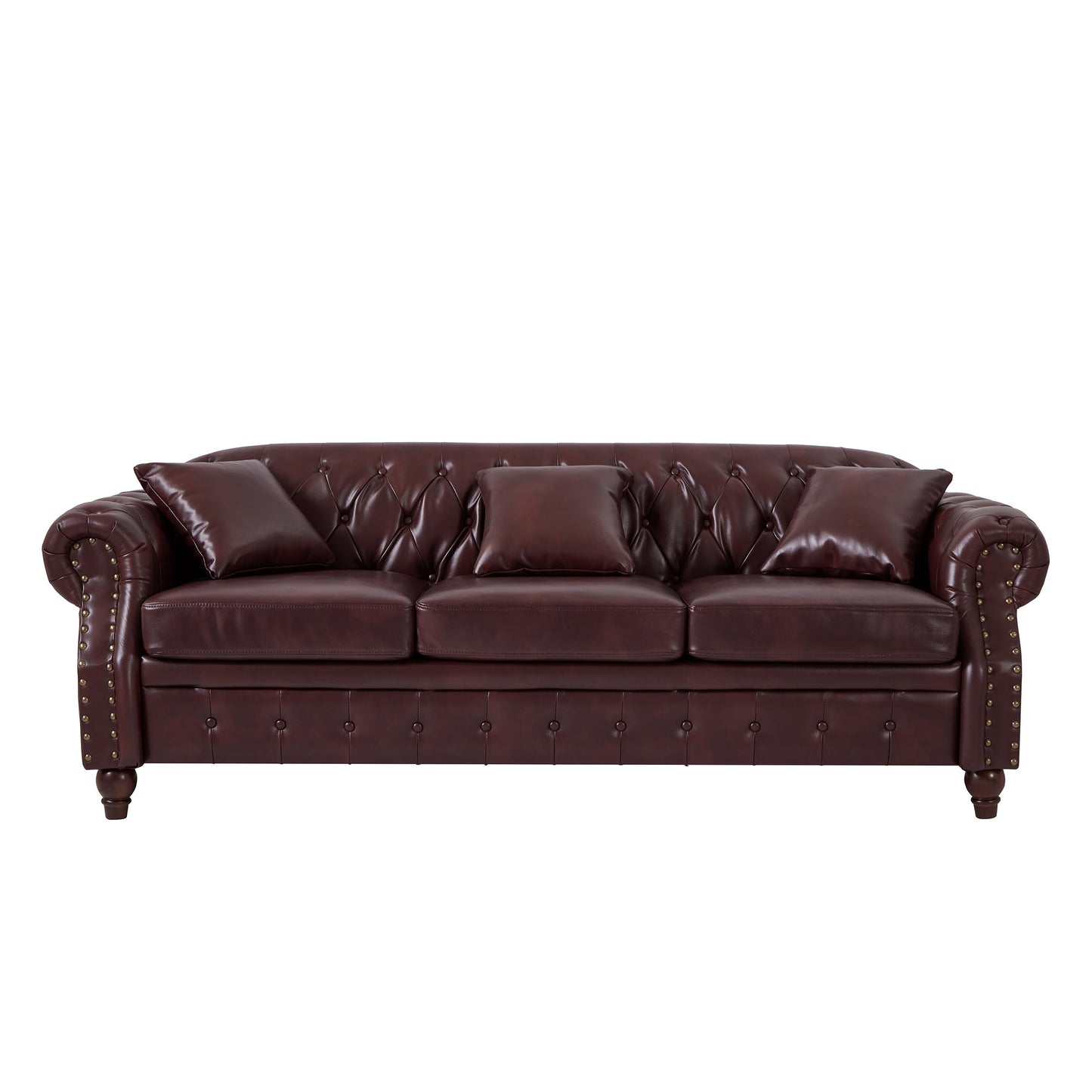 85.8' Living Room Chesterfield Sofa Classic Tufted Design Faux Leather PU Upholstered Sofa with Storage (Burgundy)