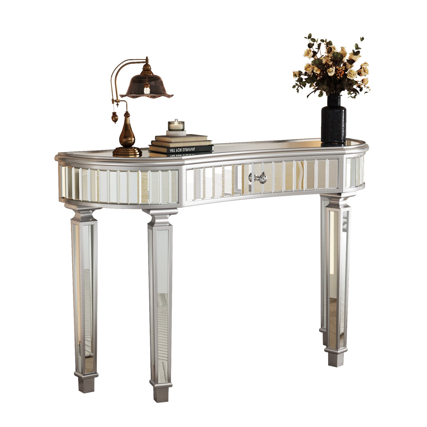 47' Half-Moon Mirrored Console Table with Fluted Glass & Crystal Knob Drawer - Silver Entryway Vanity Desk for Bedroom/Dressing Room(Grey+Sliver)