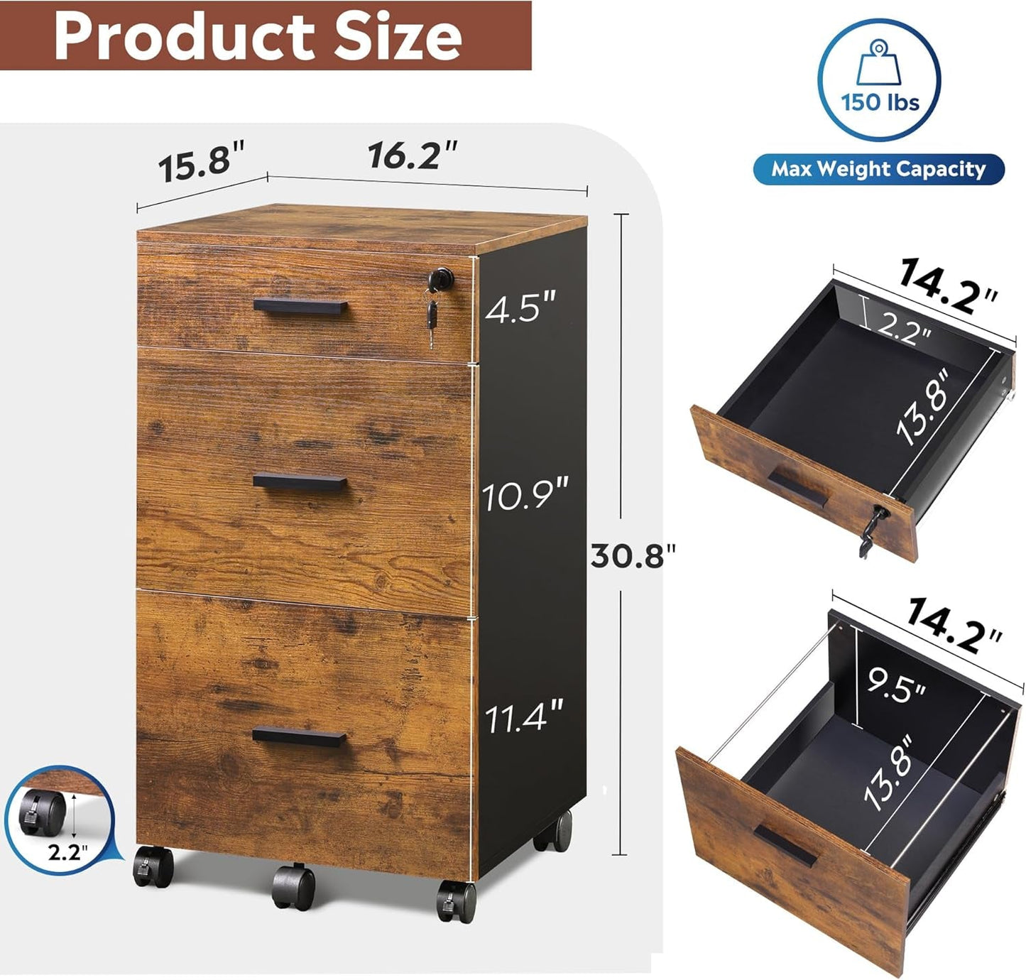 3 Drawer Lockable Rolling File Cabinet In Rustic Brown Fits Letter And A4 Size For Home Office
