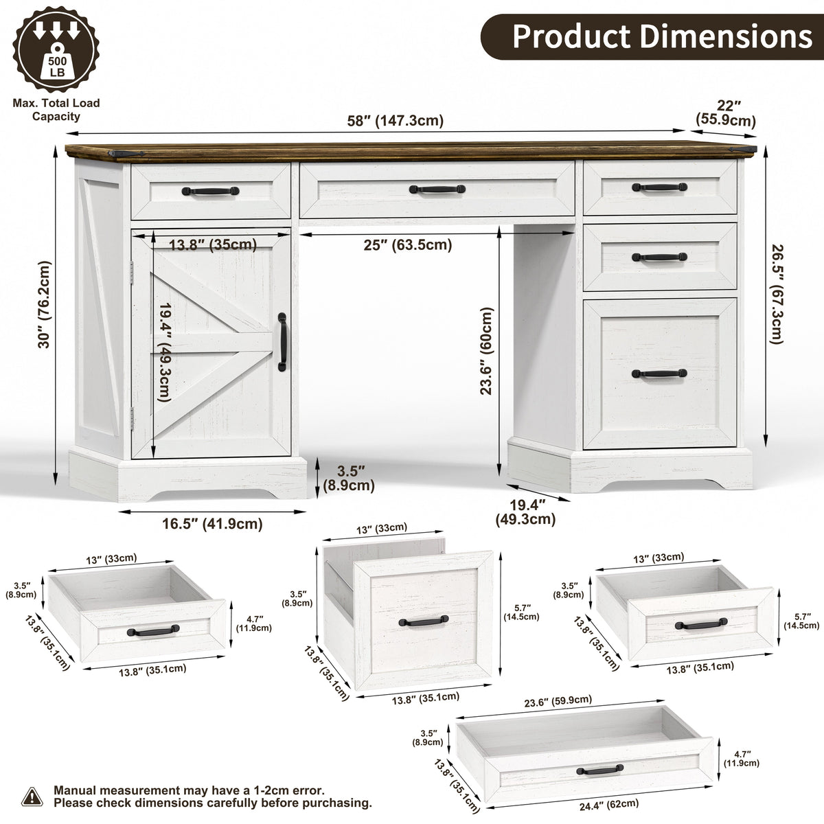 58" Farmhouse Executive Desk with Drawers and File Cabinet