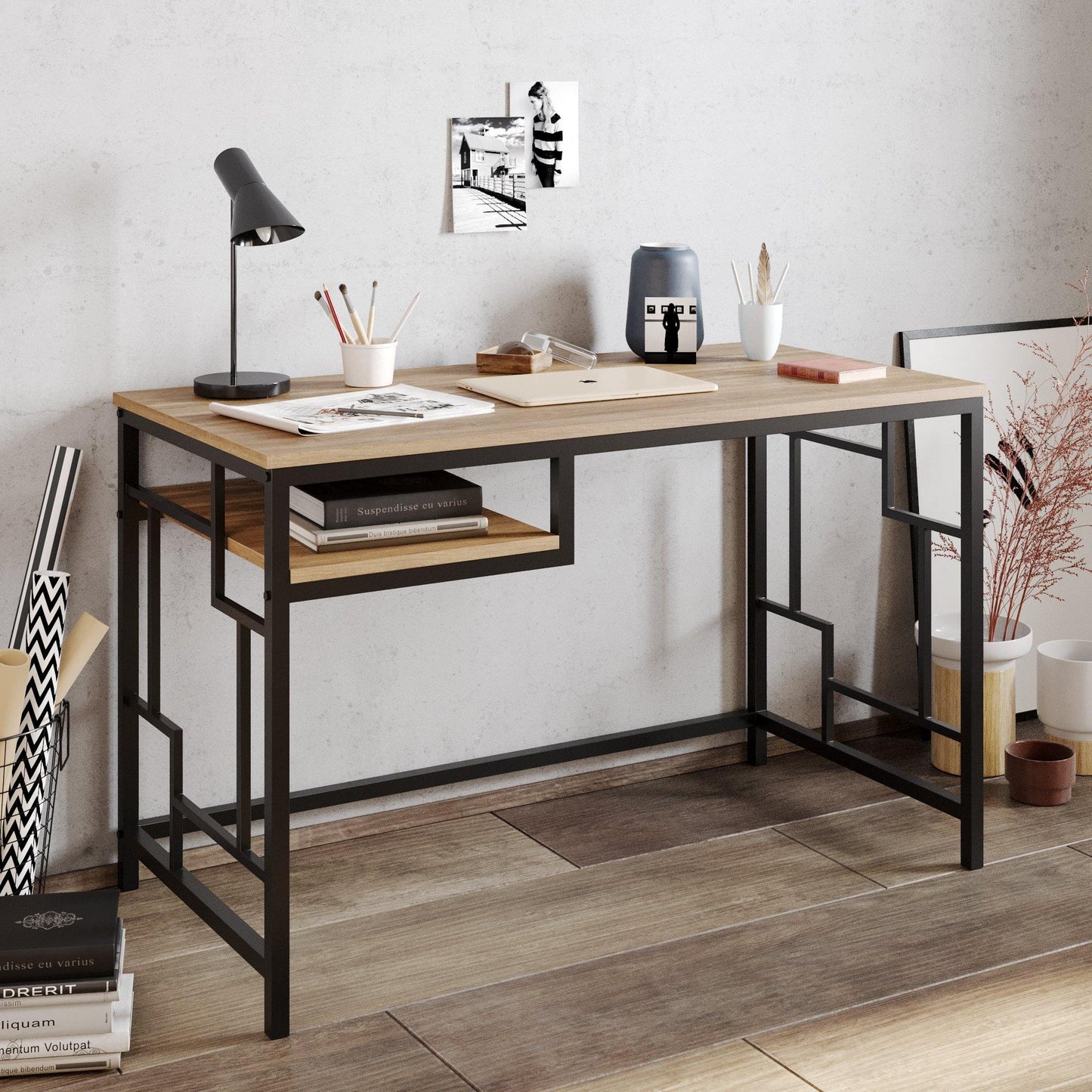 Victory 47'' Wide Metal Engineered Wood Computer Desk with Shelf