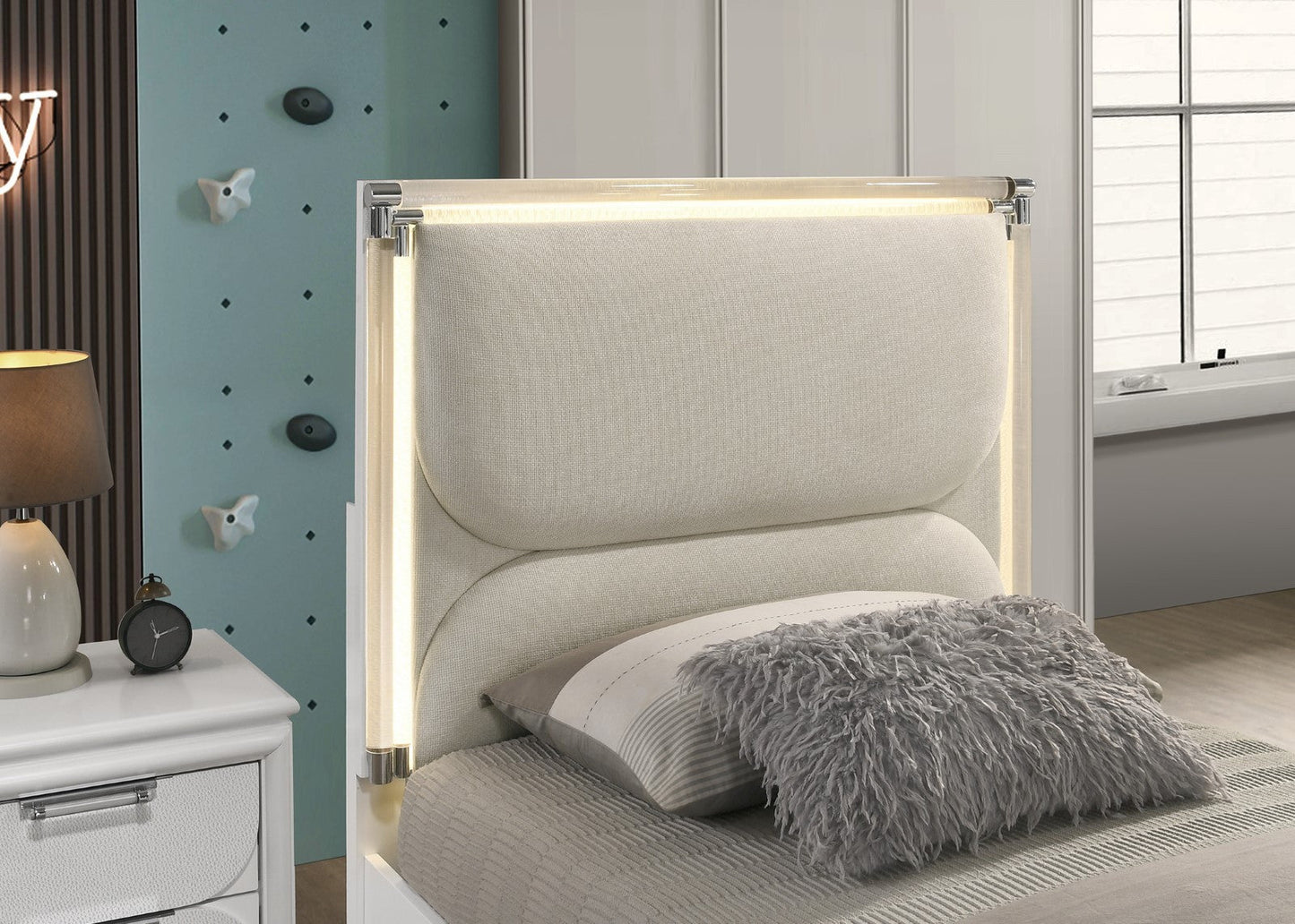 Contemporary Glam Pearl White Full Size Bed W Trundle 2x Nightstands Embossed Panel 3pc Bedframe Bedroom Furniture
