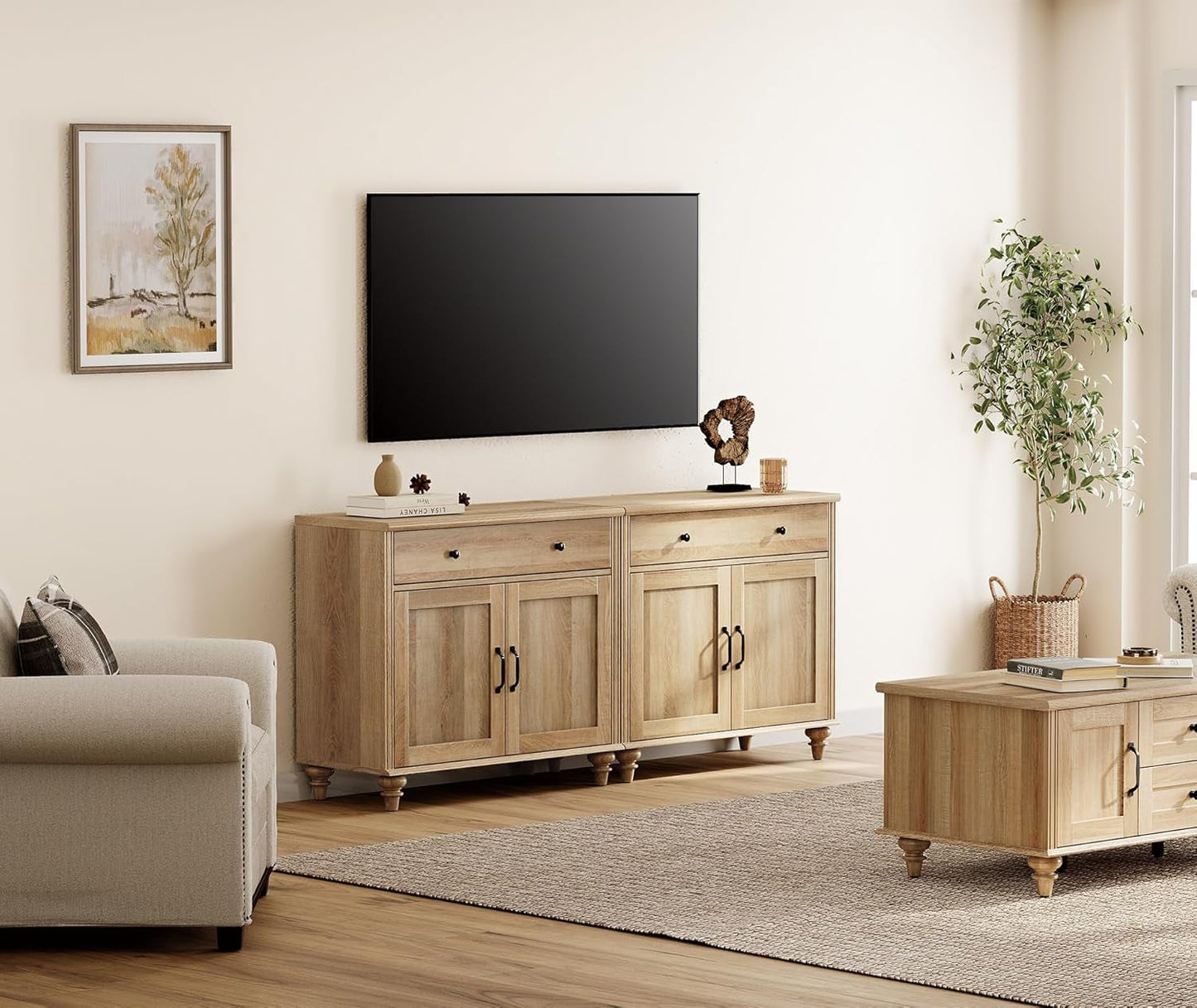 Oak Buffet Cabinet 68 Inch With 4 Doors And 2 Drawers showcased in a stylish living room setting.