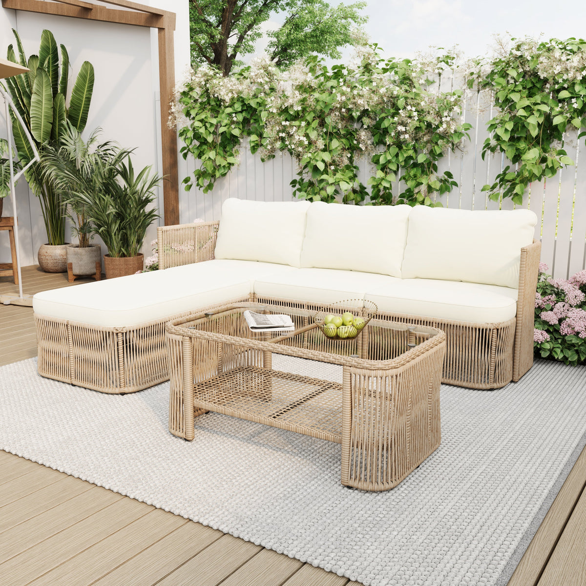 Outdoor PE Rattan Patio Furniture Set with Iron Frame, Dark