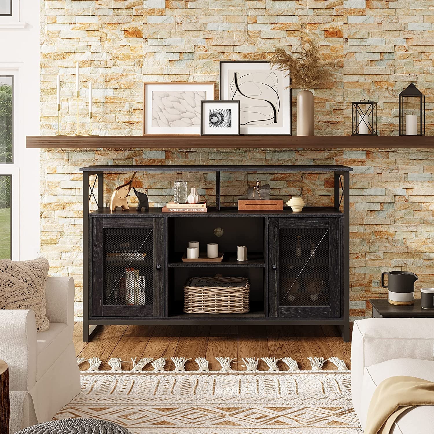 55 Inch TV Stand With Storage Console Industrial Farmhouse in a stylish living room setting.
