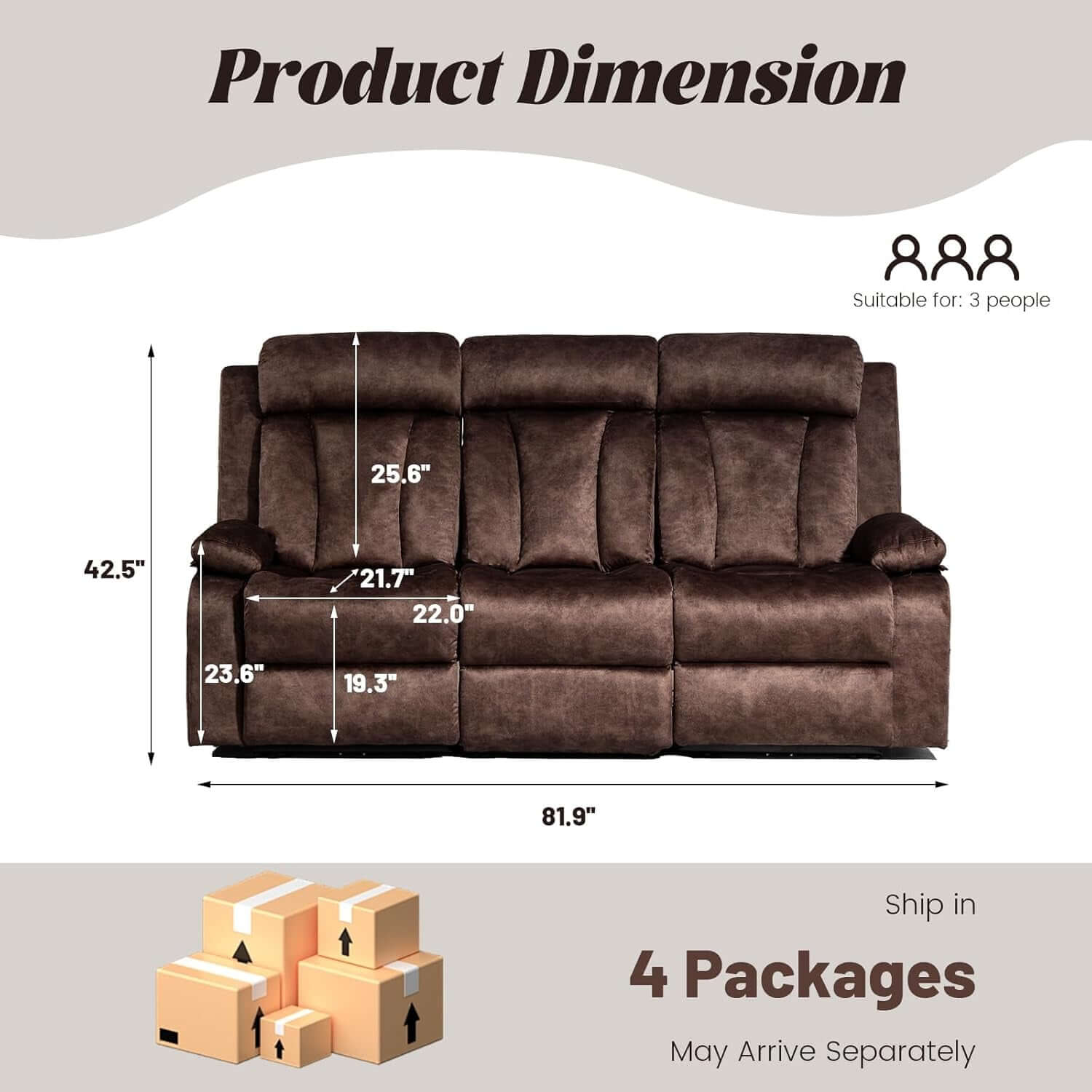 Product dimensions of the Power Reclining Sofa Set 3 Seat With Massage USB Ports showing measurements and shipping details.