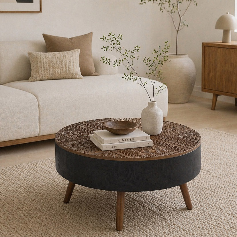 31.5" Round Carved Coffee Table with Storage Space