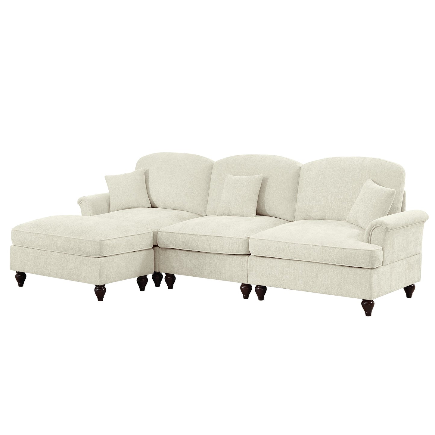 Mid Century Three Seater Modular L Shaped Sectional Couch with Flared Arms and Removable Ruffles Pleats Skirts and Spindle Legs, Comfy Chenille 3-Seat Deep Seat Sofa with Movable Ottoman, Beige White