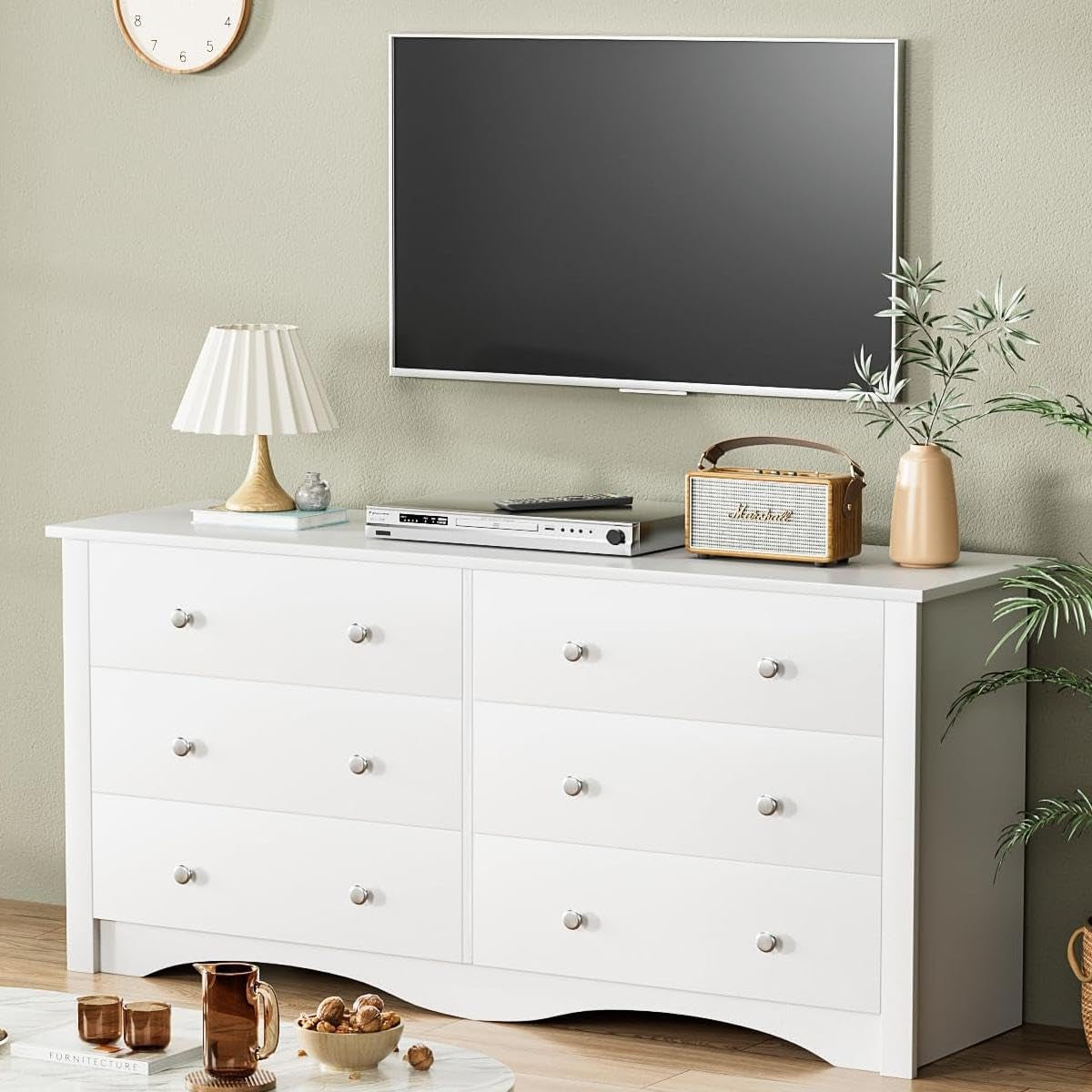 Dresser With 6 Drawers And TV Stand White Wood Storage