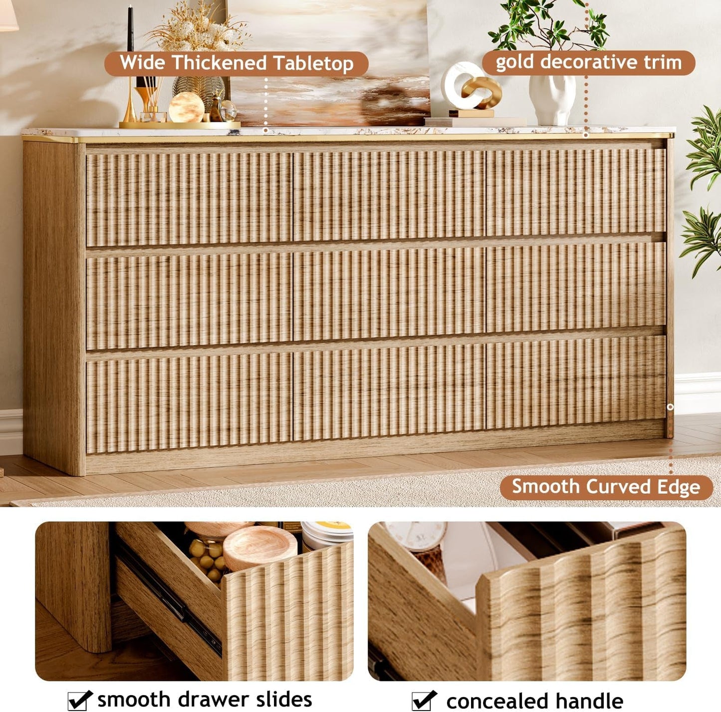 9 Drawer Dresser Chest With PolishedMarbleTabletop