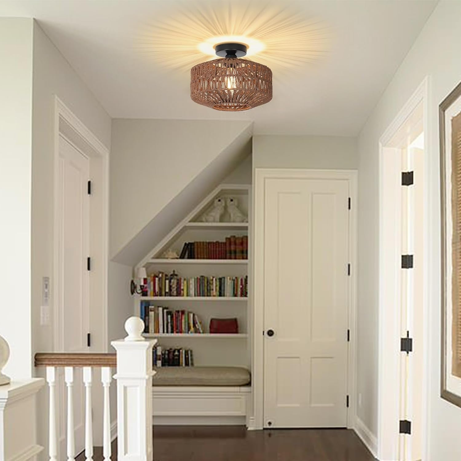 Dark Brown Hand Woven Rattan Ceiling Light With Dimmable LED illuminating a cozy hallway with book shelves.