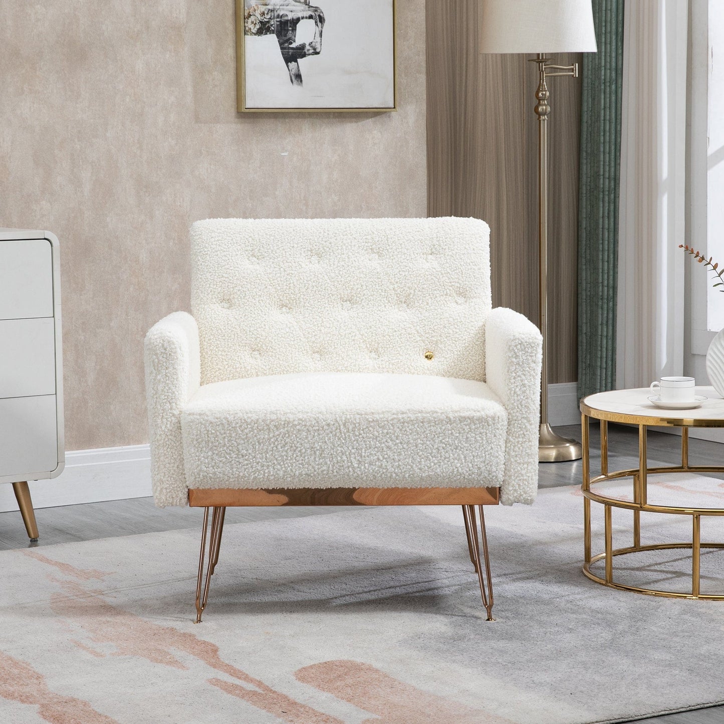 White Teddy Barrel Accent Chair with Gold Legs – Stylish Comfort for Any Room