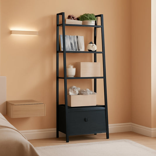 5 Tier Ladder Shelf With Drawer Narrow Black Oak Finish