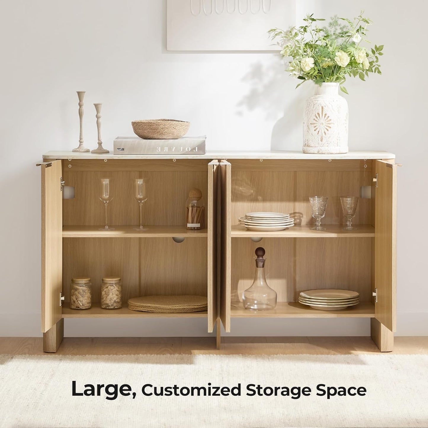 61 Inch Oak Sideboard Cabinet With Adjustable Shelves