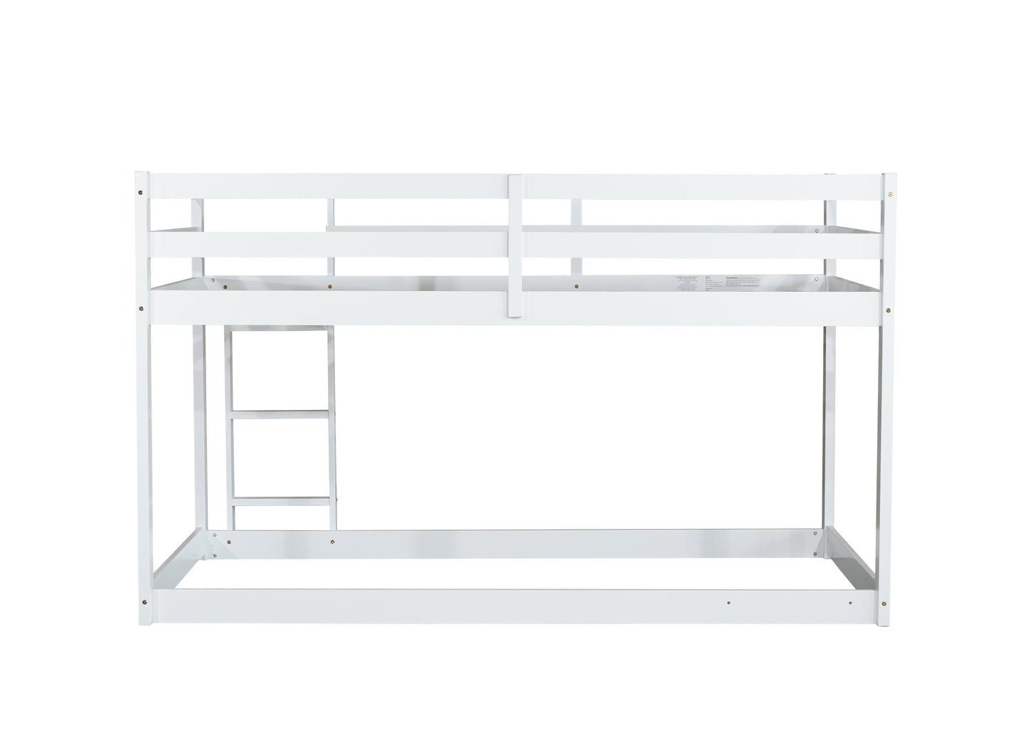 Solid Wooden, Solid Rubber Wooden Twin over Twin Floor Bunk Bed with Ladder, with Bed Platform of Strengthened Slats,White