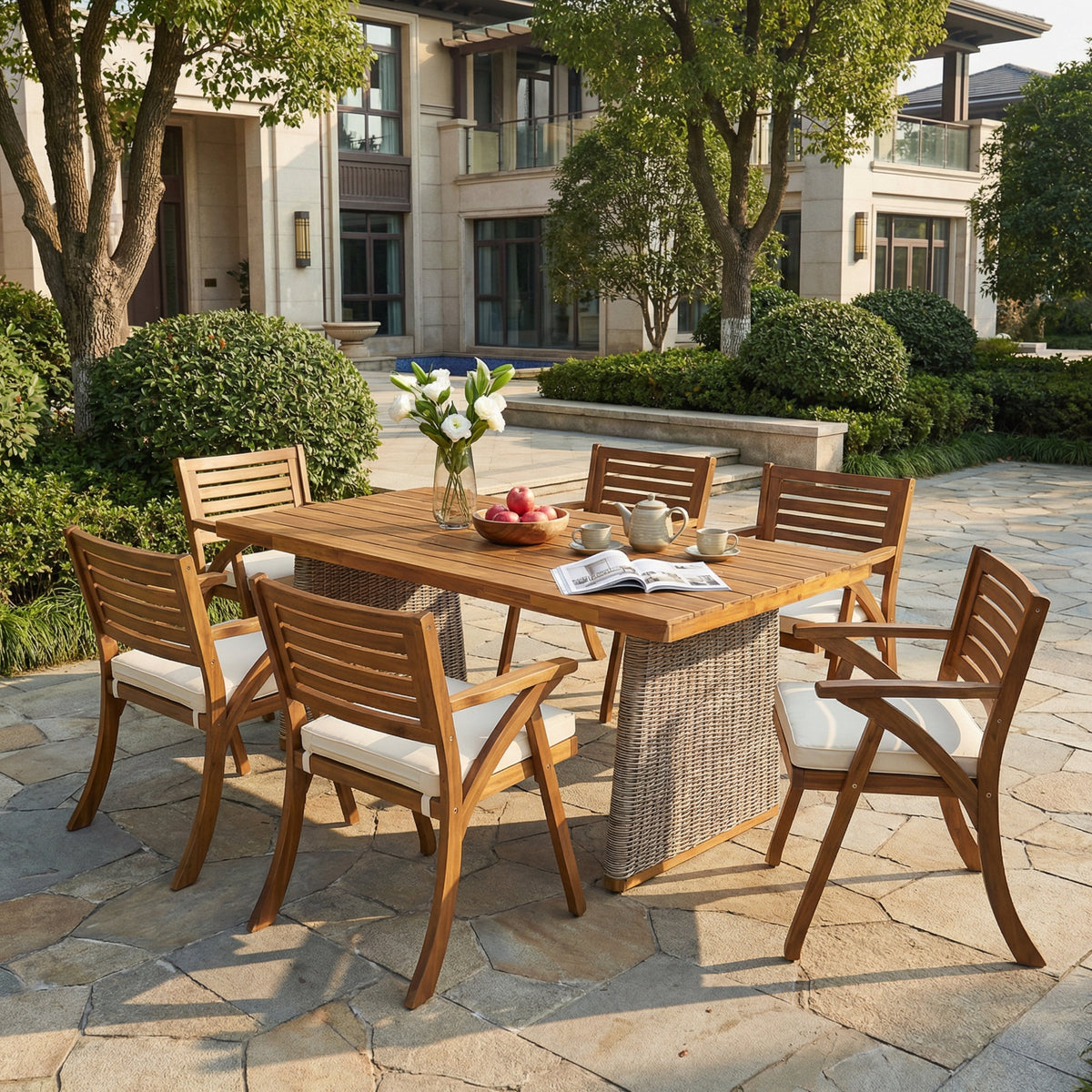 Outdoor 7 Pieces Acacia Wood Dining Set with Handwoven Rattan Legs