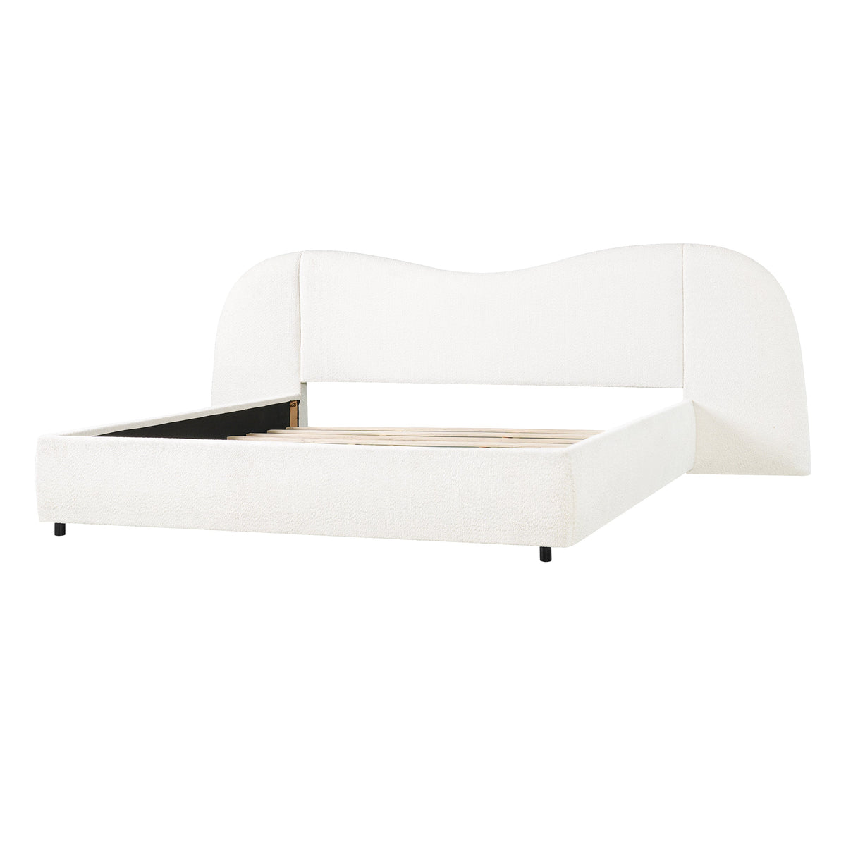 King Size Upholstered Bed Frame With Boucle Fabric Curved Headboard