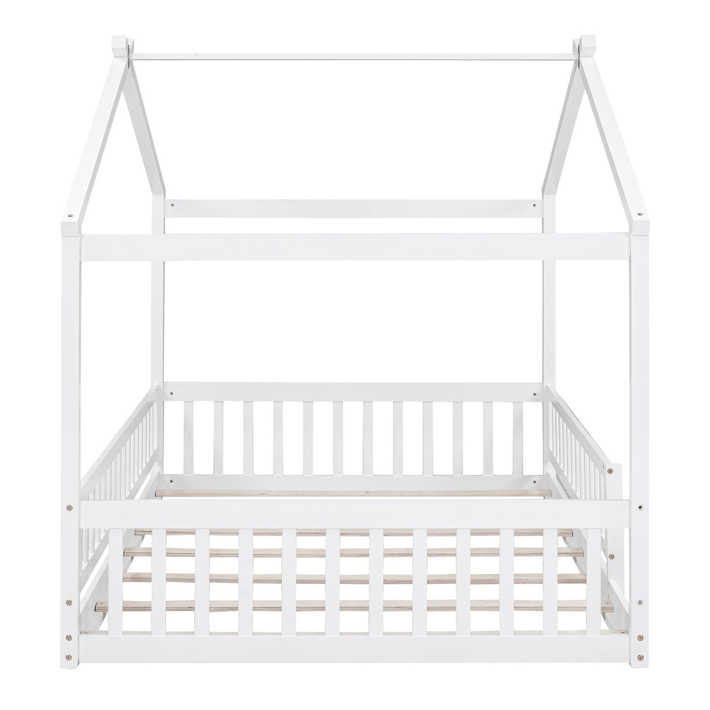 Full Size Wood Bed House Bed Frame with Fence, for Kids, Teens, Girls, Boys,White