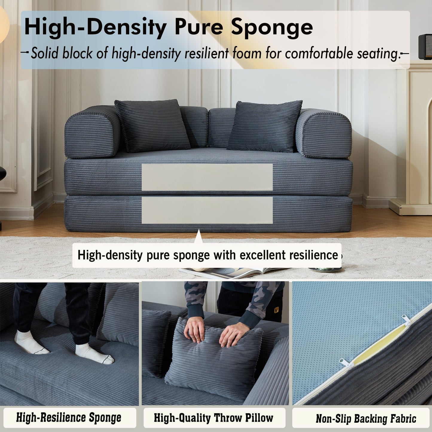 59" Convertible Sleeper Sofa Bed with Cylindrical Pillow