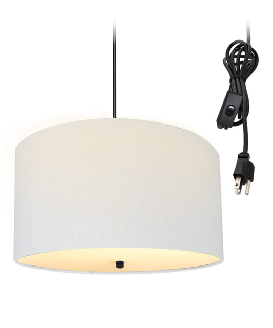 16"W 2 Light Swag Plug-In Pendant  White Linen Drum with Diffuser Black Cord