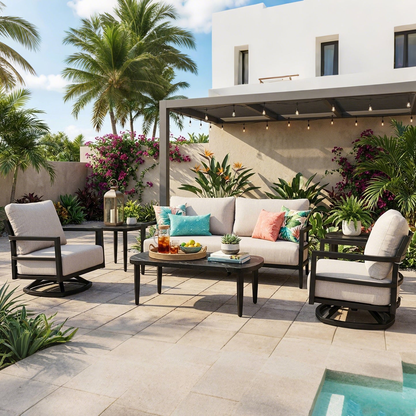 6PC Outdoor Conversation Set with Swivel Chairs & Sofa