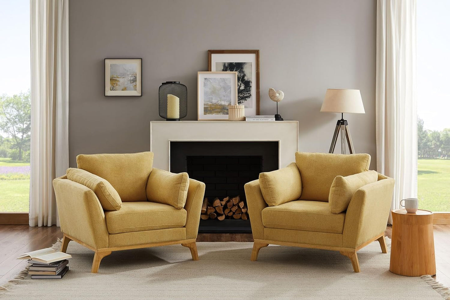 Large Yellow Linen Upholstered Accent Chair Cushions