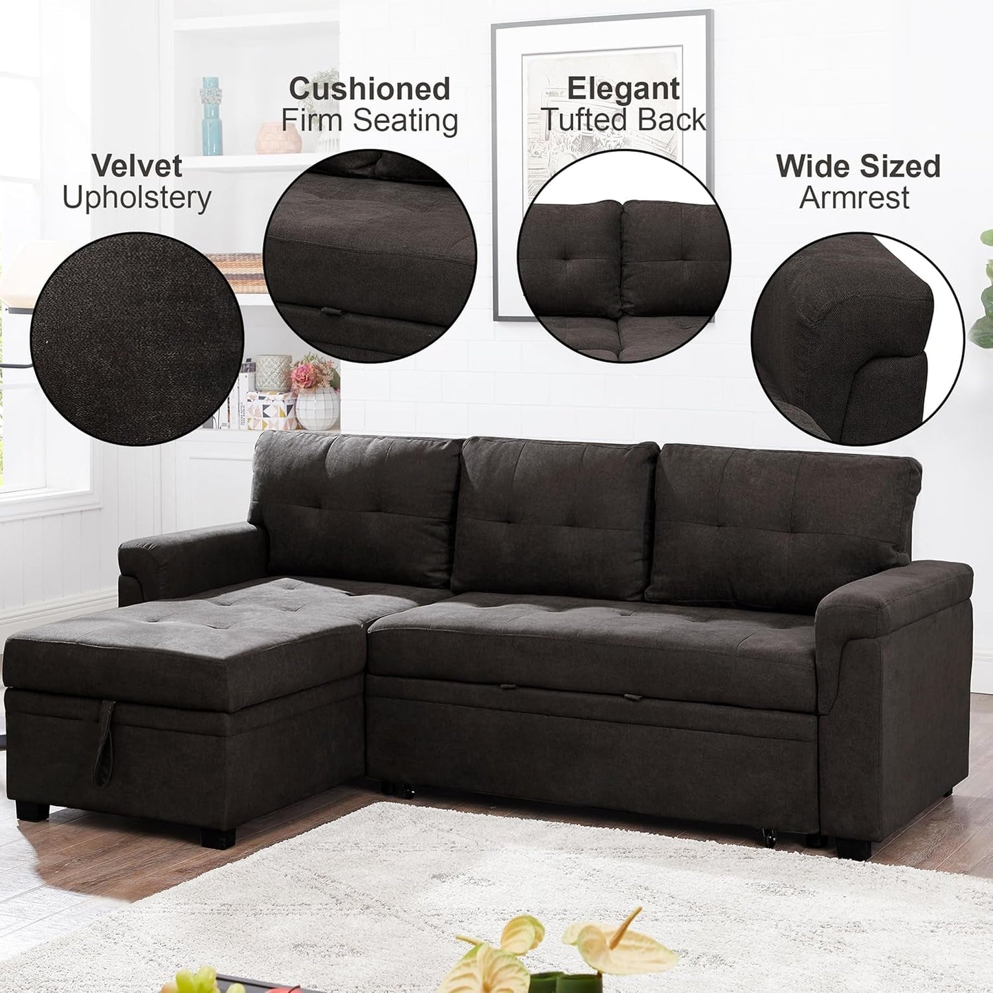 Espresso Velvet Sleeper Sectional Sofa Bed Chaise Set