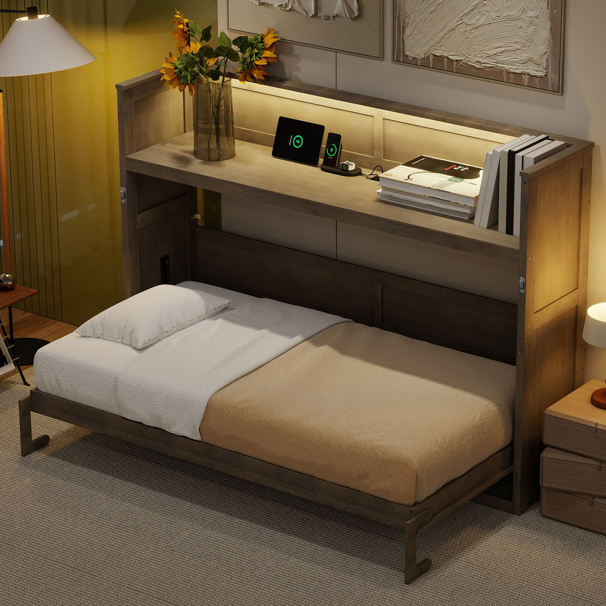 Twin XL Size Murphy Bed with Desk, LED Light and USB Charging Station
