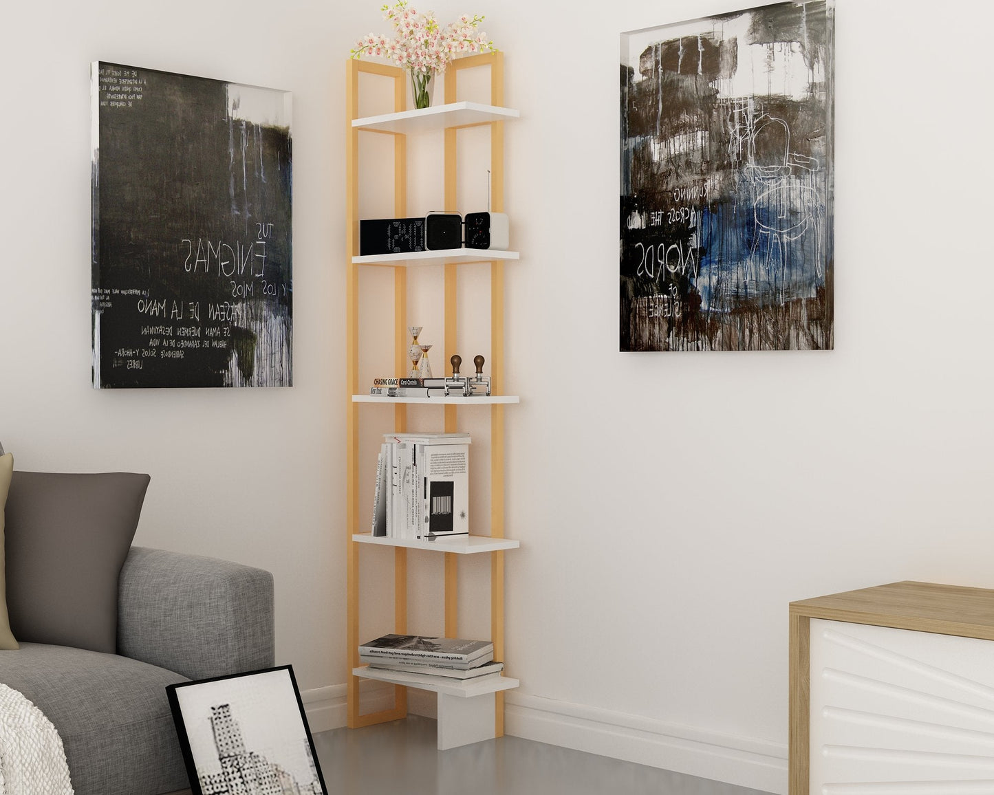 Alice 71" Tall Metal Manufactured Wood Bookcase | Corner Bookcase