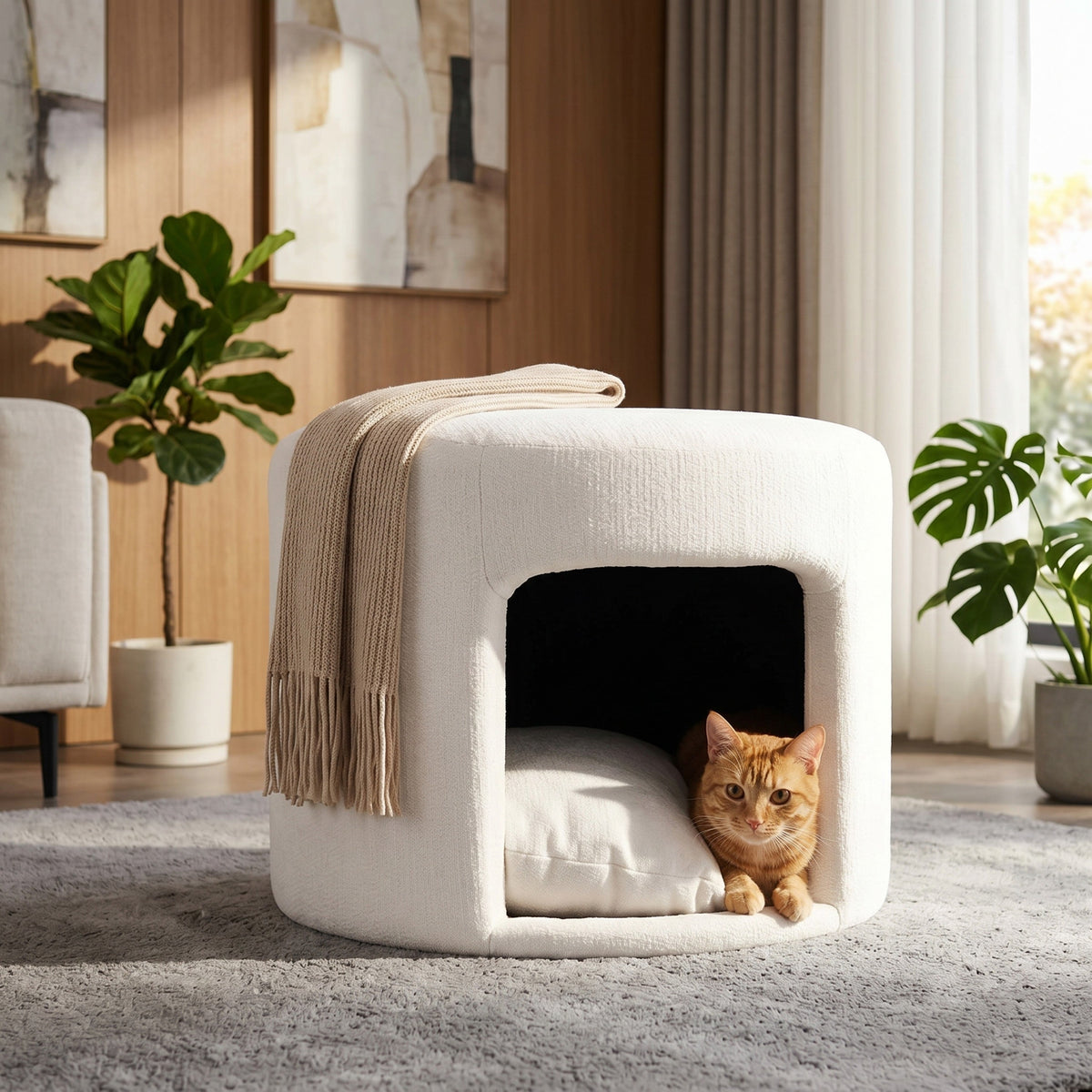 Beige Pet Friendly Ottoman with Removable Pet Cushion and Hidden Pet Nook