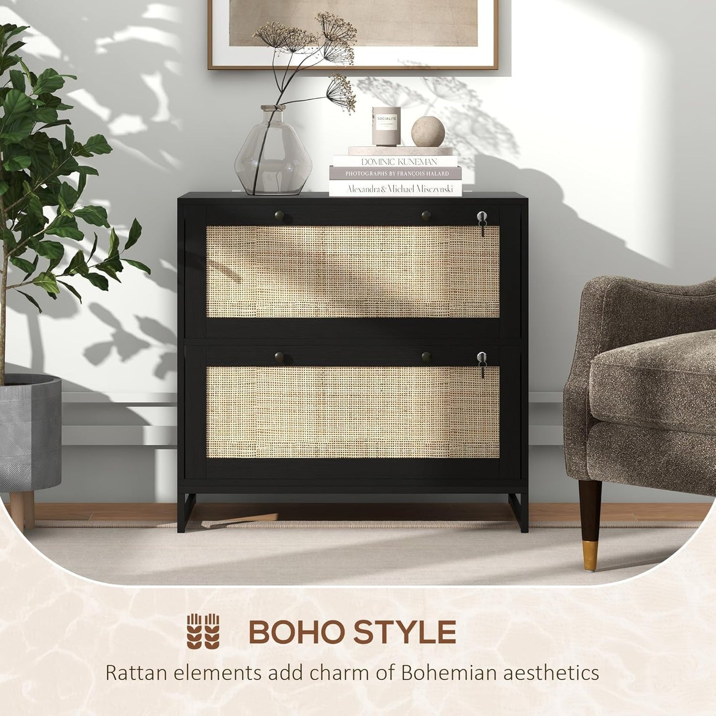 Rattan Drawer File Cabinet With Lock For Letter A4 Legal Files Printer Stand Black