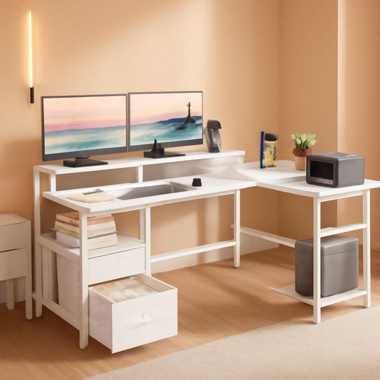 White Fifty Nine Inch L Shaped Desk With Power Outlets