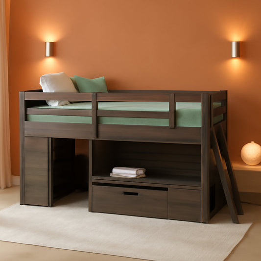 Twin Size Solid Wood Loft Bed With Storage Drawer And Ladder Barnwood Brown