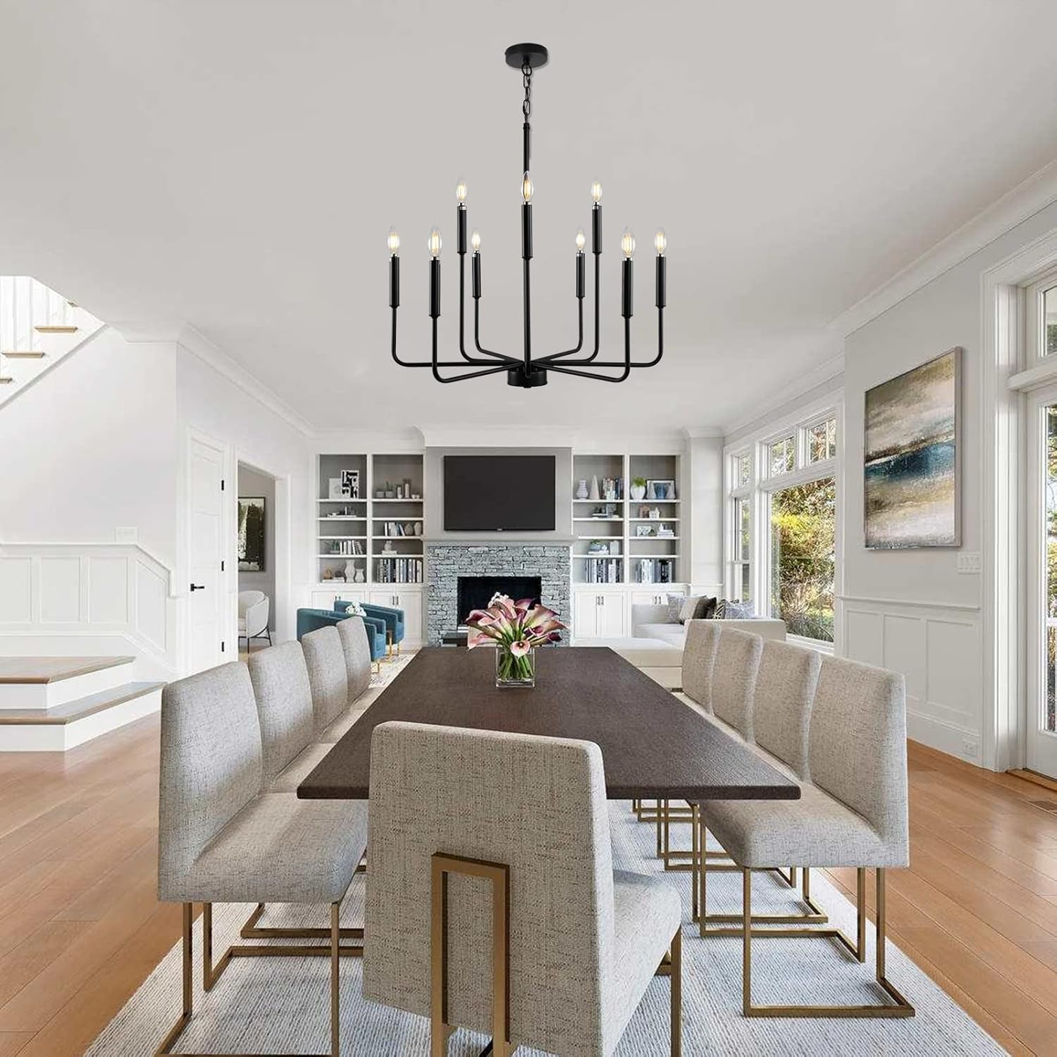 Black Farmhouse Chandelier 9 Light Dining Room Rustic in a modern dining setup with elegant chairs and a warm ambiance.
