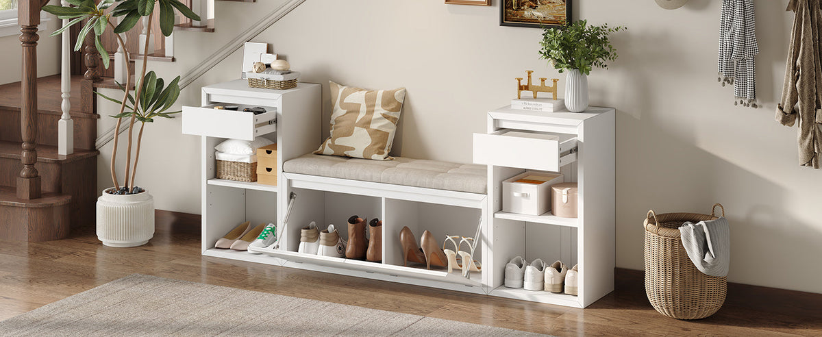TREXM All-in-One Entryway Storage Bench with Cushion, Compartments & Drawers