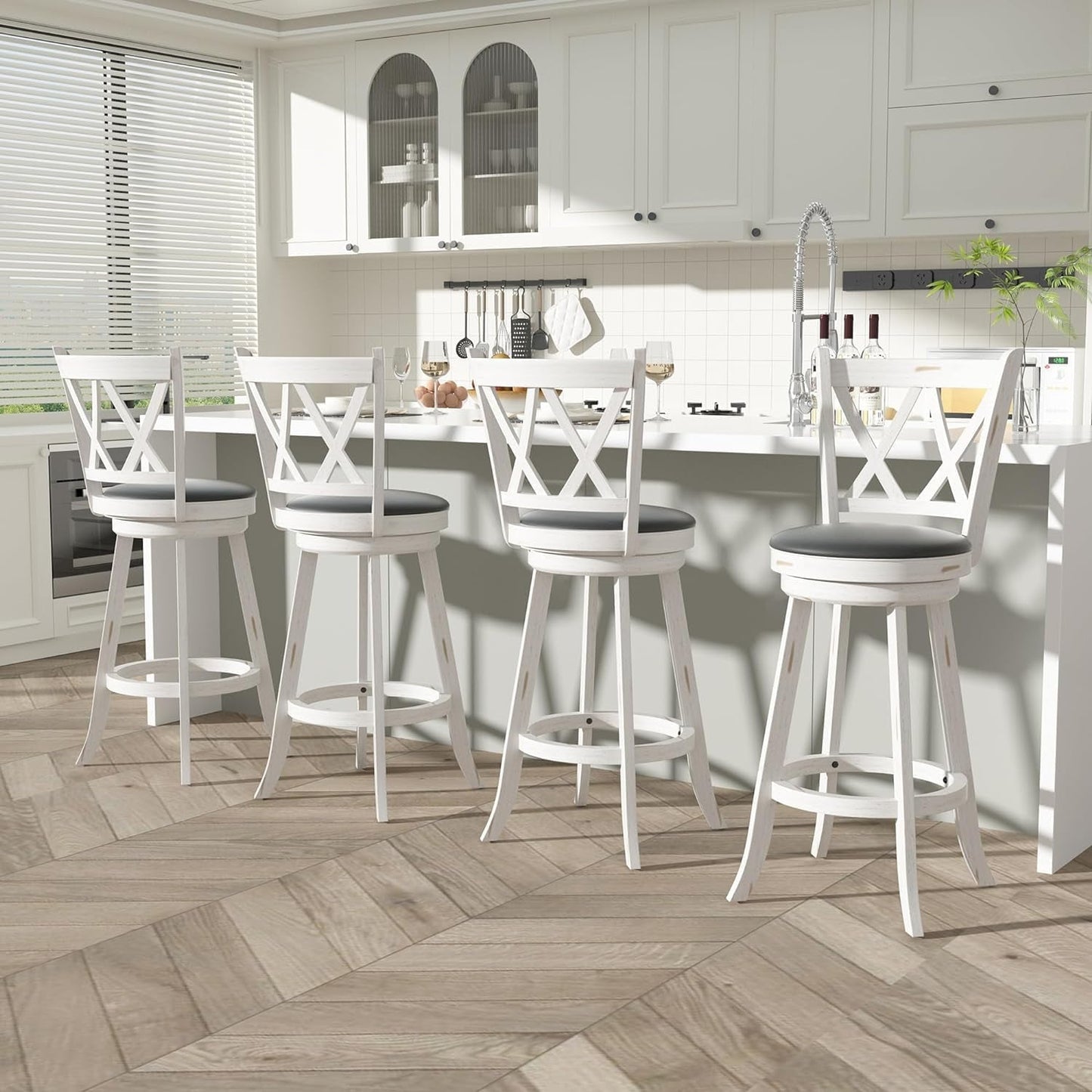 29 Inch Bar Height Swivel Stool Antique White Set Of 2 With Upholstered Seat And Comfortable Padding