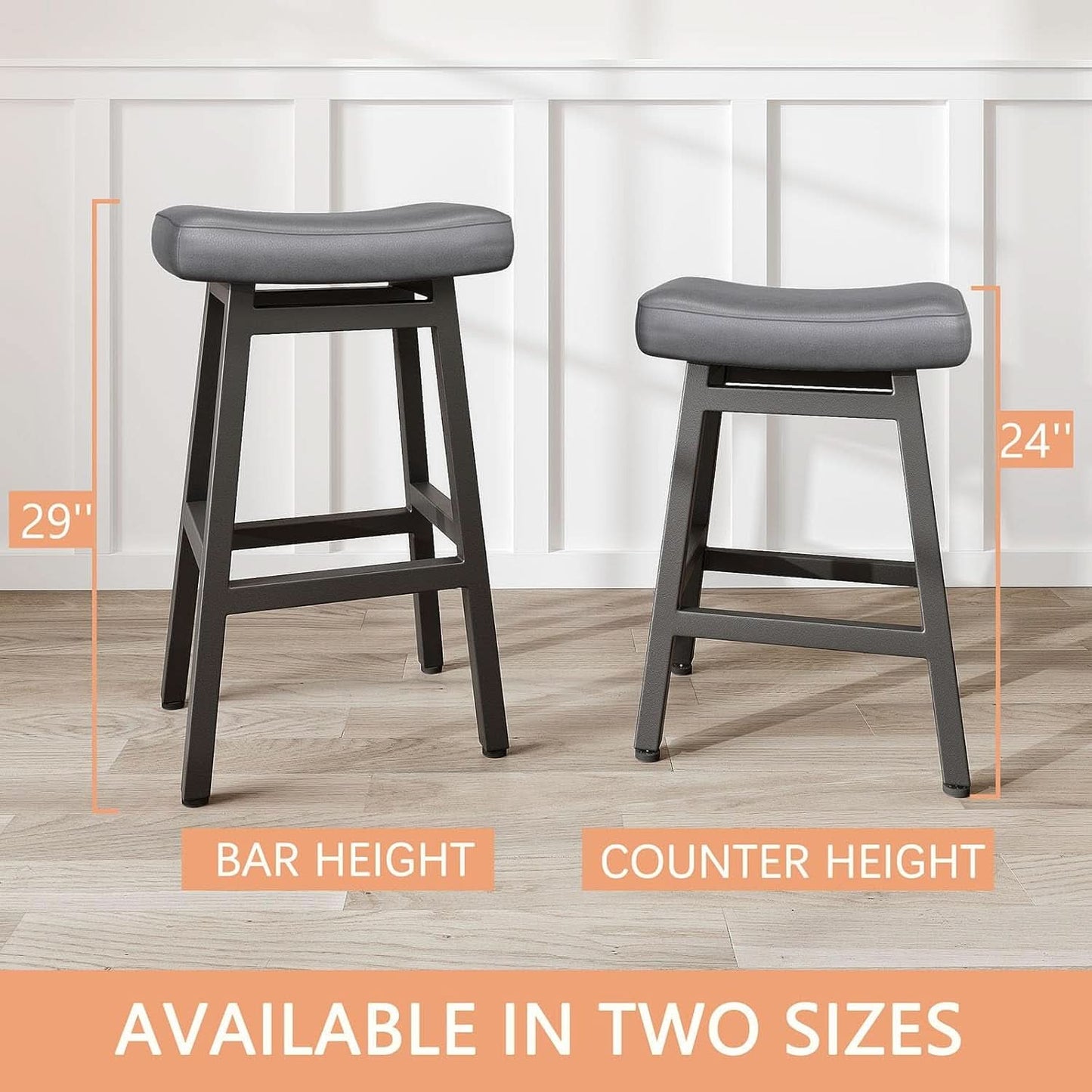 29 Inch Bar Stools Set of 2 All Black Bonded Leather Saddle Seats With Heavy Duty Metal Legs