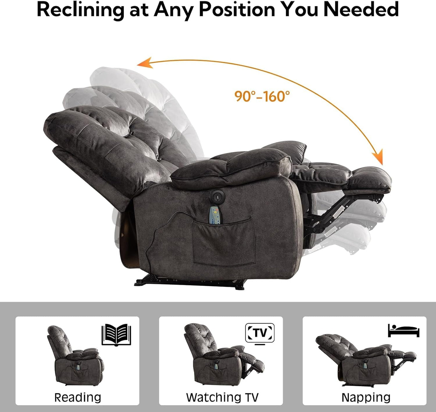 Oversized 41 Inch Power Recliner With Massage And Heat showing adjustable reclining positions from 90° to 160°.
