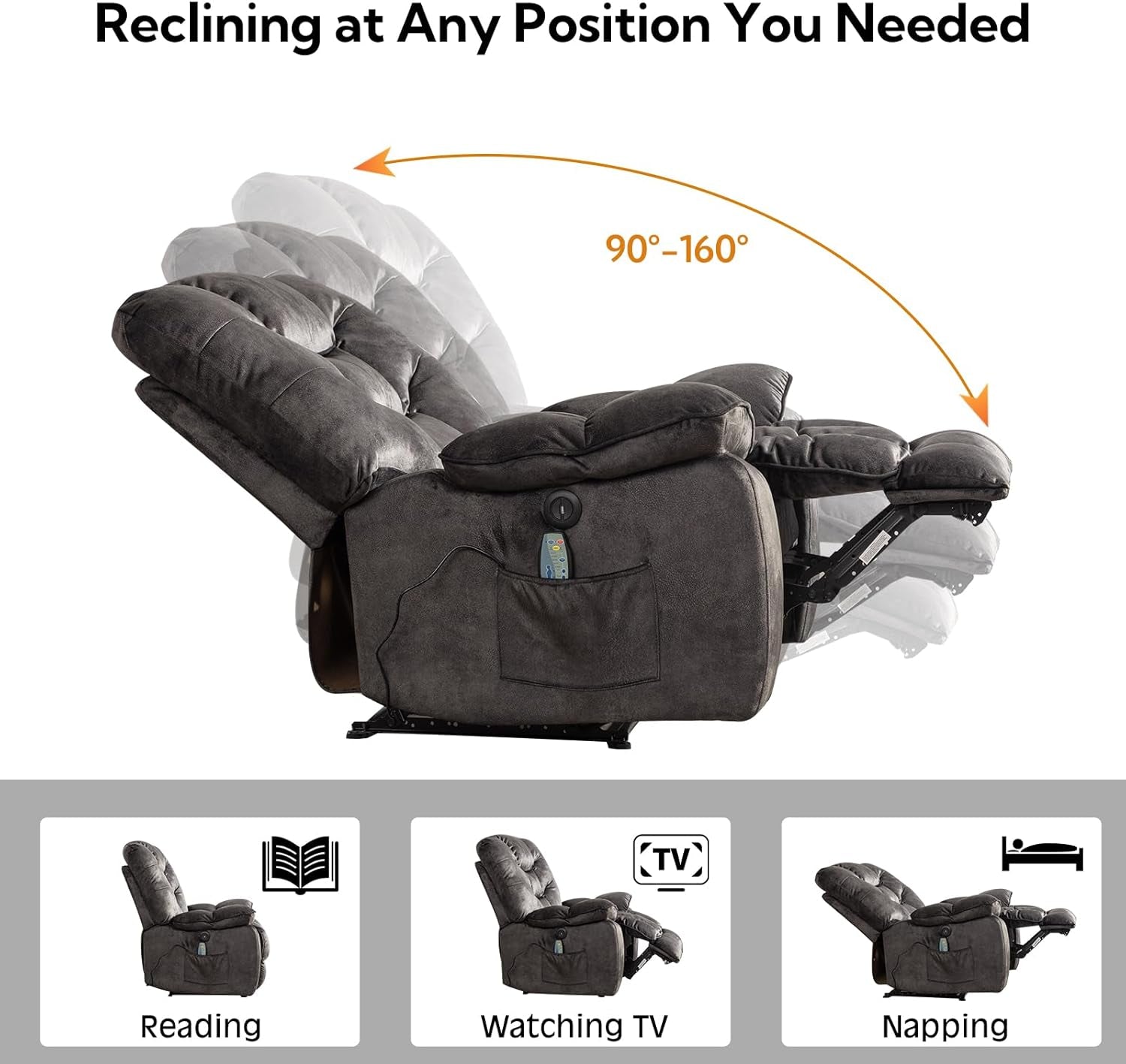 Oversized 41 Inch Power Recliner With Massage And Heat showing adjustable reclining positions from 90° to 160°.